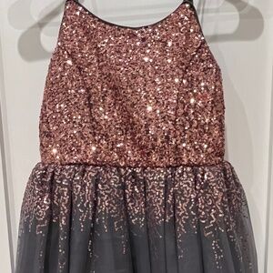 Girls spaghetti strap charcoal dress with gold sequins